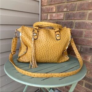 Imoshion Mustard Yellow Ostrich-Texture Satchel with Tassel and Detachable Strap